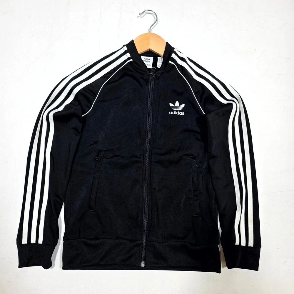 Adidas Track Jacket Youth Small Black 3-Stripe Trefoil Full Zip Athletic Bomber